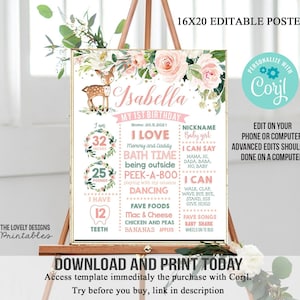 EDITABLE Deer First Birthday Chalkboard Sign, Woodland Animals 1st birthday sign, Little Deer Birthday Poster TEMPLATE Instant Download