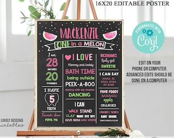 EDITABLE Watermelon Birthday Chalkboard One in a melon Birthday, First birthday Milestone Sign Printable Printable Instant Download