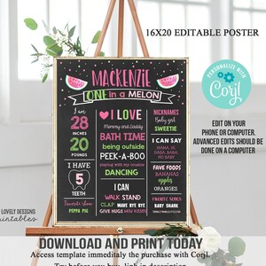EDITABLE Watermelon Birthday Chalkboard One in a melon Birthday, First birthday Milestone Sign Printable Printable Instant Download