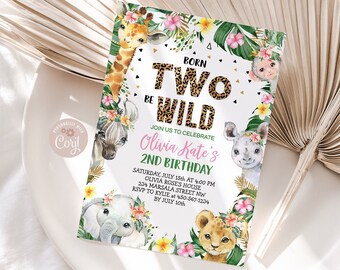 Puede incluir: Una invitación de cumpleaños con temática de selva con un diseño rosa y dorado "Born Two Be Wild". La invitación presenta una jirafa, una cebra, un elefante, un león y un mono. El texto dice "Únete a nosotros para celebrar el 2º cumpleaños de Olivia Kate. Sábado 15 de julio a las 4:00 PM, Olivia Rose's House, 234 Marsala Street NW, RSVP a Kylie al 450-567-1234 antes del 10 de julio."
