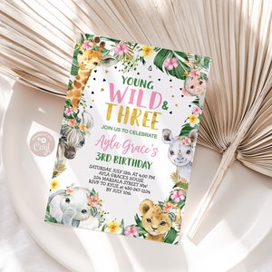 Young Wild and Three Safari Birthday Invitation: Jungle Animals (Digital Download)