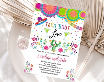 May include: A colorful invitation with the text "TACO 'BOUT Love" and floral and cactus illustrations. The invitation is for a couples shower, with details including the date, time, and location. The design includes a sombrero and margarita glasses.