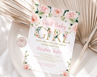 Może przedstawiać: Różowe i złote zaproszenie na baby shower z kwiatowymi wzorami. Zaproszenie zawiera napis "Sweet Baby Girl" oraz datę, godzinę i miejsce imprezy. Zawiera również imię przyszłej mamy, Meghan Taylor.