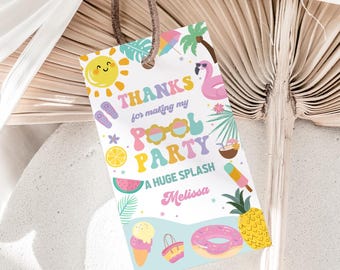 May include: A colorful pool party gift tag with a tropical theme. The tag features illustrations of a smiling sun, flamingo, ice cream, and a donut. Text includes "Thanks for making my Pool Party" and "A Huge Splash".