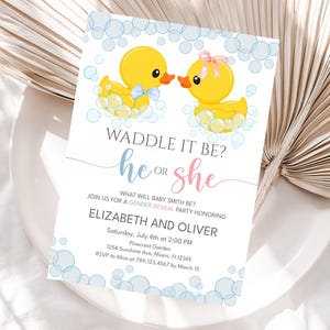 Editable Rubber Duckie Gender Reveal Invitation, Baby Boy Or Girl Waddle It Be He Or She Invite, Duckie Spring Printable Template C2502