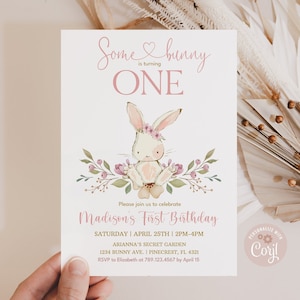 Bunny Birthday invitation Some bunny is turning one Birthday invitation Pink Floral Spring Rabbit Birthday Invitation Editable DOWNLOAD SBF7