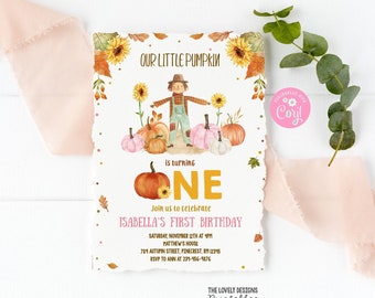 May include: A printable invitation for a first birthday party with a fall theme. The invitation features a cartoon scarecrow, pumpkins, sunflowers, and the text "Our Little Pumpkin is turning One".