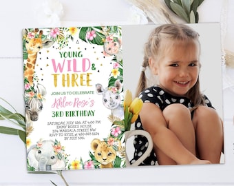 Editable Young Wild and Three Birthday Invitation Jungle Safari Girl Third Birthday Invitation Safari Wild and Three Party Instant Download