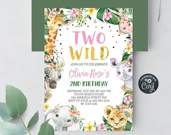 TWO Wild Birthday Invitation TWO Wild Jungle Birthday Invitation Second Birthday  Jungle  Safari Birthday Editable Instant Download File