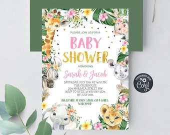 May include: A jungle-themed baby shower invitation with a pink and gold color scheme. The invitation features a giraffe, zebra, elephant, and lion with floral accents. The text reads "Please join us for a Baby Shower honoring Sarah & Jacob".
