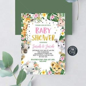Bewerkbare babyshower uitnodiging safari meisje Jungle babyshower uitnodiging dierentuin safari dieren meisje Instant Download afdrukbare uitnodigingssjabloon