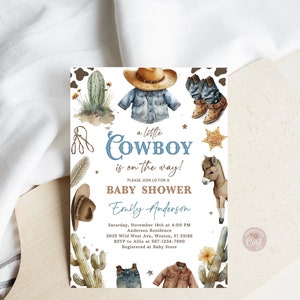 Invito per baby shower da cowboy Country Western Wild Boy West Un piccolo cowboy è in arrivo Baby Shower Sprinkle Modello stampabile modificabile