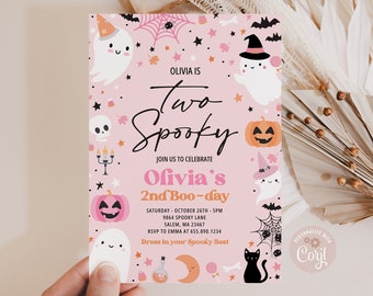 Bearbeitbare Zwei Spooky Halloween Geist Einladung zum 2.Geburtstag Pink Halloween Spooky Cute Ghost Spooktacular Party DRUCKBARE DOWNLOAD PC4