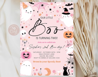 May include: Pink Halloween party invitation with a ghost, pumpkin, and black cat. The text reads "Our Little Boo is turning two! Join us to celebrate Sophia's 2nd Boo-day! Saturday, October 26th - 5pm, 9864 Spooky Lane, Salem, MA 23467, RSVP to Emma at 655.890.1234, Dress in your Spooky Best."