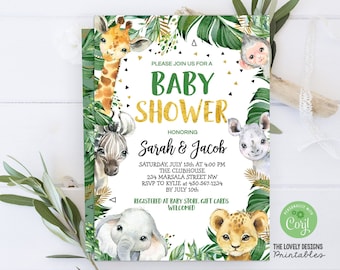 Puede incluir: Invitación a baby shower con temática de jungla, con una jirafa, una cebra, un elefante, un león, un rinoceronte y un mono. El texto de la invitación dice "Baby Shower" e incluye los nombres Sarah & Jacob, la fecha, la hora y la información de RSVP.