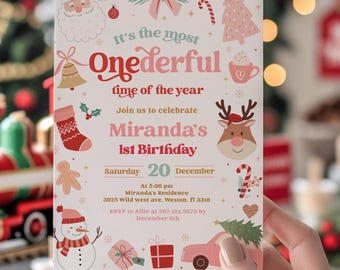 ¡Es la época más maravillosa del año! Invitación de cumpleaños editable para niña, roja y rosa, ideal para la fiesta de su primer cumpleaños en Navidad. Plantilla de descarga digital.