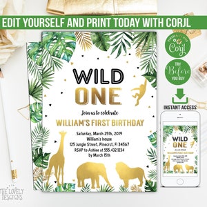 Safari Wild One 1st Birthday Invitation: Jungle Animals (Digital File)