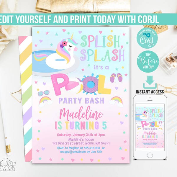 Pool party invitation, EDITABLE Unicorn Pool party invitation,Unicorn Float Birthday invitation, Splish Splash, Digital INSTANT DOWNLOAD