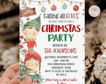 Invitation modifiable pour une fête de Noël sur le thème des lutins, fête d'enfants sur le thème des lutins mignons, modèle d'invitation imprimable pour une fête de Noël sur le thème des lutins, téléchargement instantané