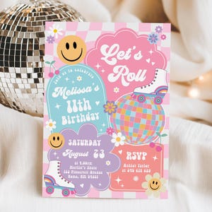 Editable Skating Party Invitation Smile Face Groovy Retro Roller Skate Invitation Any Age Let's Roll Hippie Disco Party PRINTABLE DOWNLOAD