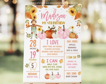 May include: A pink and gold printable sign for a 4th birthday party. The sign features a girl's name, "Madison", and details about her age, height, weight, favorite foods, and activities. The sign is decorated with fall-themed illustrations, including pumpkins, sunflowers, and leaves.