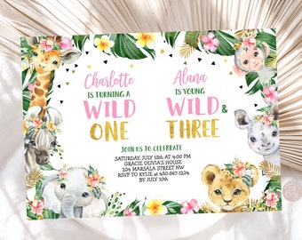 May include: A jungle-themed birthday invitation with a pink and gold color scheme. The invitation features a giraffe, zebra, elephant, monkey, and lion cub. The text on the invitation reads "Charlotte is turning a Wild One" and "Alana is young Wild & Three". The invitation also includes the date, time, and location of the party.