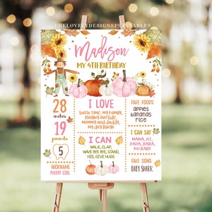 Poster modificabile di traguardi di zucca autunnale, tabellone delle statistiche del primo compleanno, spaventapasseri, zucca autunnale, girasoli, festa del Ringraziamento, download PSP6