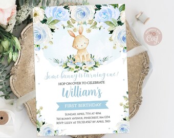 Boy Some bunny is One Birthday Invitation Bunny Birthday Invitation Easter Bunny invitation Any Age Blue Flowers Editable DOWNLOAD SB4