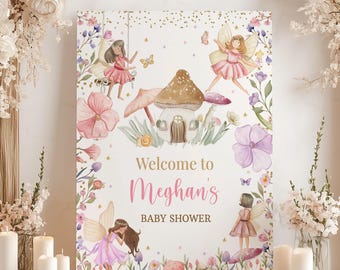 Cartello di benvenuto per baby shower a tema fate, modificabile, con fata, fiori selvatici, folletto incantato, principessa, festa magica, cartello floreale, stampabile, scaricabile.