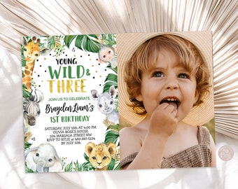 Editable Young Wild and Three Birthday Invitation Safari Animals Jungle Boy Neutral Young Wild & Three invitation Instant Download Printable