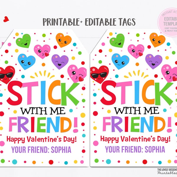 Stick with me Friend Valentine tag, Tattoo Stickers Valentine's Day Tag, Sticky Hand, Non-Candy Preschool Classroom Kids Printable Valentine