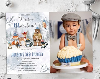 EDITABLE Woodland Winter Onederland Photo Birthday Invitation Woodland 1st Birthday Party Winter Woodland Animals Invite PRINTABLE DOWNLOAD