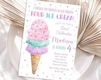 Four Ice Cream Birthday Invitation Four Ice Cream Cone Pink Mint Gold Purple Girl Ice Cream 4th Birthday Party Printable Editable Download
