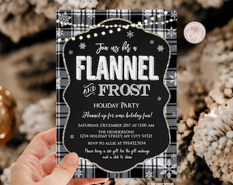 Peut inclure: Invitation de fête sur fond de plaid noir et blanc avec des accents de paillettes dorées. L'invitation indique "Join us for a Flannel and Frost Holiday Party". Elle comprend la date, l'heure, le lieu et les informations de RSVP.