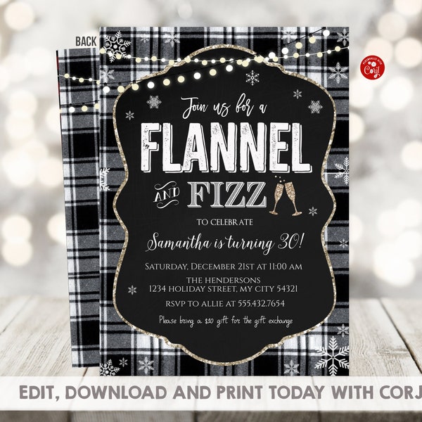 Editable Flannel and Fizz Birthday Invitation Christmas Invitation, Black and White Buffalo Plaid Holiday Invite Printable Instant Download