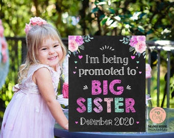 May include: A chalkboard sign with pink and green floral accents announces a promotion to "BIG SISTER" with the date "December 2020".