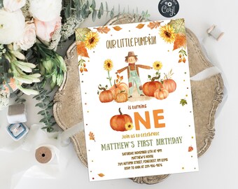 May include: A fall-themed birthday invitation with the text "OUR LITTLE PUMPKIN is turning ONE." The design features a scarecrow, pumpkins, sunflowers, and autumn leaves. The invitation includes the event details: date, time, location, and RSVP information.