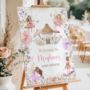 Letrero de bienvenida para baby shower de hadas, editable, con diseño de hadas, flores silvestres caprichosas, princesas encantadas, fiesta, letrero floral mágico, imprimible, descarga gratuita