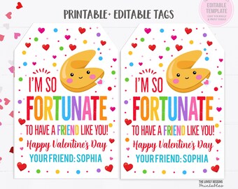 May include: Two printable Valentine's Day gift tags featuring a cartoon fortune cookie with the text "I'm so fortunate to have a friend like you! Happy Valentine's Day. Your friend: Sophia."