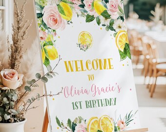 Editable Lemonade Welcome Sign Lemonade Birthday Party Sign Sunshine Lemonade Pink Floral Poster Lemon Party Decor PRINTABLE DOWNLOAD PLR1