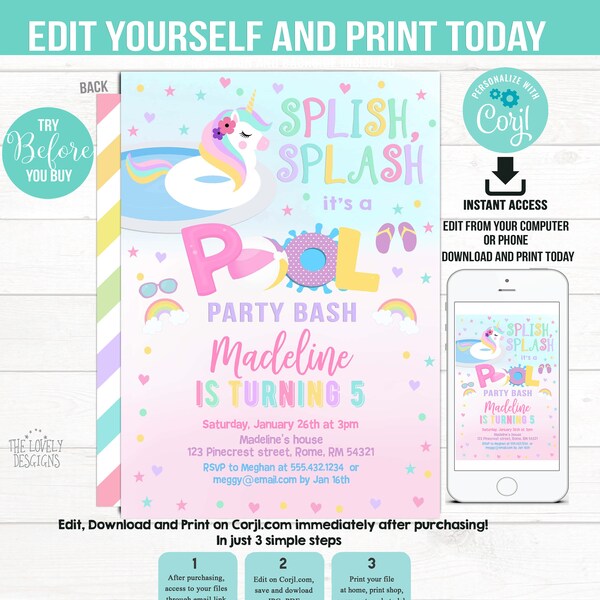 Pool party invitation, EDITABLE Unicorn Pool party invitation,Unicorn Float Birthday invitation, Splish Splash, Digital INSTANT DOWNLOAD