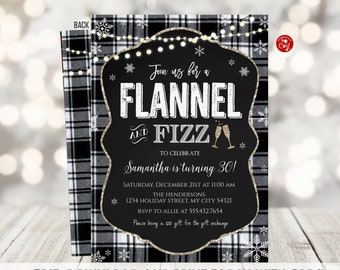 May include: Black and white plaid invitation with gold glitter accents. The invitation reads "Join us for a Flannel and Fizz to celebrate Samantha is turning 30!" with details for the event.