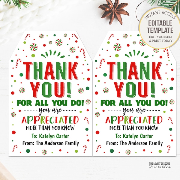 Editable Christmas Gift Tags Thank you for all you do Holiday Tag Holiday Appreciation Favor Tags Employee Teacher Staff School Pto DOWNLOAD