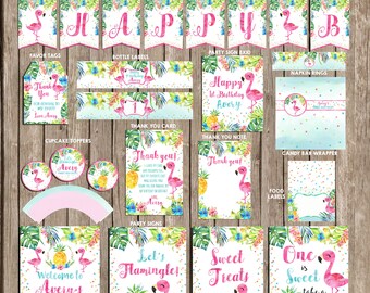 Flamingo Party package personalized, Flamingo Hawaiian Tropical Party package, Flamingo Pool party package, Flamingo Birthday Invitation