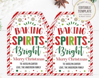 May include: Two printable gift tags with a red and white candy cane stripe border. The tags feature the text "Baking Spirits Bright" in green and red letters with a white background. The text "Merry Christmas" is below the main text, followed by "To: Katelyn Carter" and "Love, The Anderson Family".