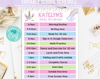 Programma di scuola domestica modificabile con unicorno, routine giornaliera, programma giornaliero dei compiti, grafico unicorno, pianificatore settimanale delle faccende domestiche, programma di scuola domestica ISTANTANEO