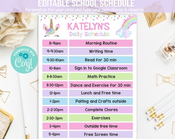 Editable Unicorn Home School Schedule Daily Routine Homework Daily Schedule Unicorn Chart Chore Weekly Planner Homeschool Schedule INSTANT