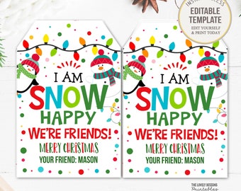 I am SNOW glad we're friends Tag Happy we are friends Tags Printable Christmas Holiday Favor Snowman Teacher Student Classroom Gift Editable