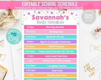 Editable Girl Home School Schedule Daily Routine Homework Daily Schedule Student Chart Chore Weekly Planner Schedule INSTANT Download