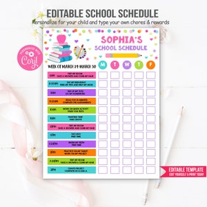 May include: A printable school schedule template for a child named Sophia. The schedule is colorfully designed with pink, blue, green, and yellow accents. It includes a daily schedule for the week of March 24th to March 30th, with activities like tidy room, eat breakfast, do homework, read for 30 minutes, work on math activity, painting time, and crafts.